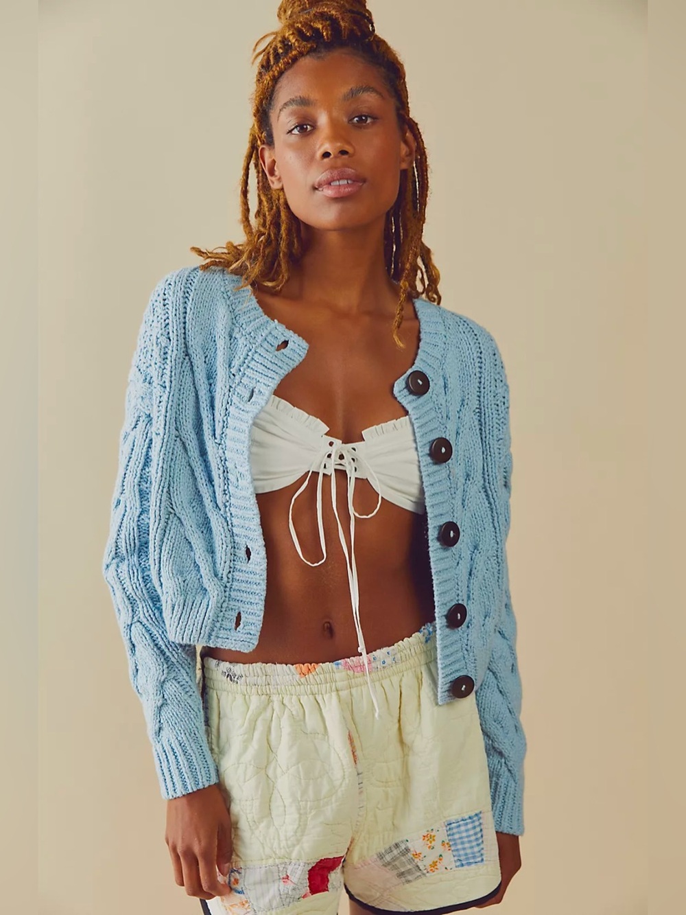 new Free People bonfire cable knit cotton cardigan in light blue
